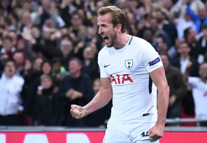 Harry Kane, jeden z najlepszych angielskich trenerów, świętuje bramkę. Tłum kibiców na trybunach.