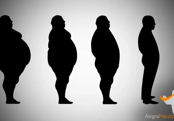 Siluetas humanas muestran la progresión de la diferencia entre sobrepeso y obesidad, desde un cuerpo muy obeso hasta uno con peso saludable.