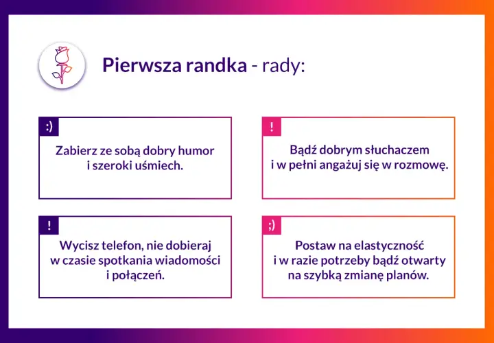 Pierwsza randka - rady: dobry humor, słuchaj, wycisz telefon, bądź elastyczny. Pomysły na udane spotkanie.