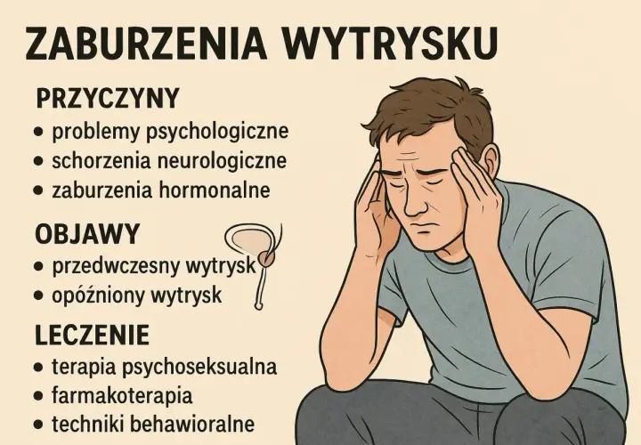 Mężczyzna z bólem głowy, problemy z wytryskiem, przyczyny, objawy i leczenie.