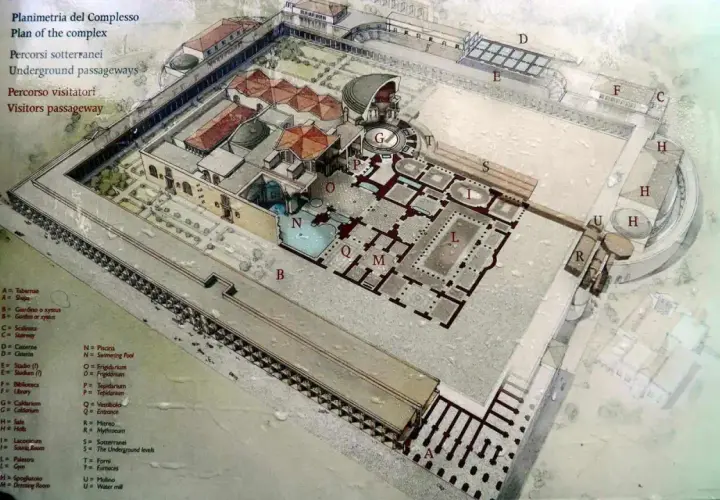Vue aérienne d'une reconstitution des thermes de Caracalla, montrant les piscines, les jardins et les passages souterrains.