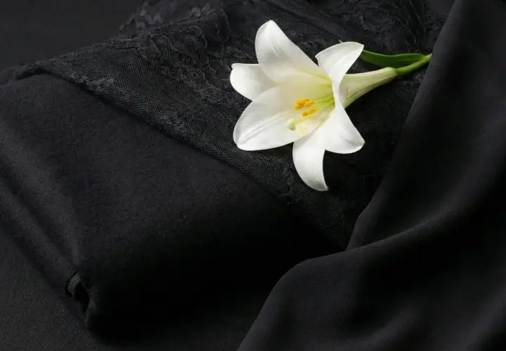 Lirio blanco sobre telas negras, evocando el significado del color negro: elegancia, misterio y luto.
