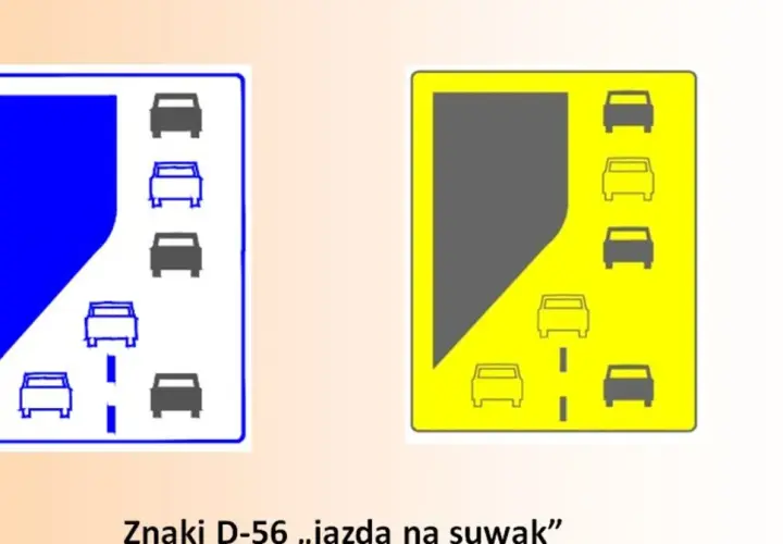 Znaki D-56 ilustrują jazda na suwak. Po lewej niebieski znak z samochodami, po prawej żółty znak z samochodami.