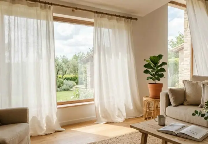 Tende leggere che arrivano fino al soffitto, creando un'atmosfera ariosa e luminosa in un soggiorno accogliente con vista sul giardino.
