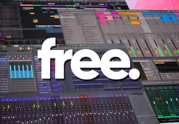 Musikproduktion-Software mit vielen Spuren und Effekten. Eine riesige "free."-Schrift überlagert die Ansicht, die eine FL Studio Alternative Free darstellt.