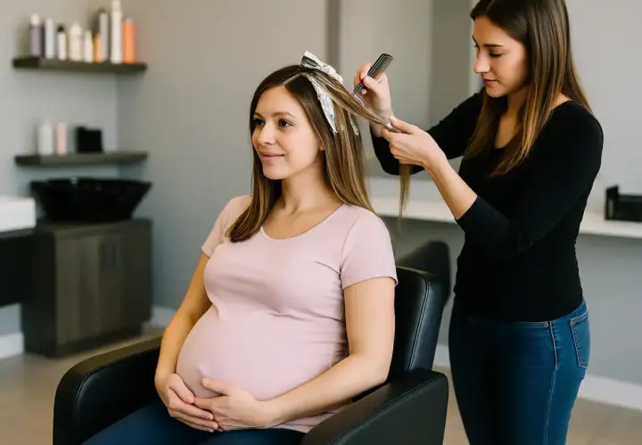 Une coiffeuse réalise une décoloration sur les cheveux d'une femme enceinte, qui tient son ventre avec un sourire.