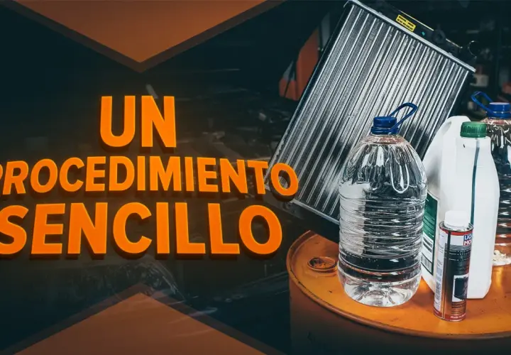 Radiador de coche, botellas de agua y productos de limpieza. Aprende como limpiar el radiador de un coche fácilmente.