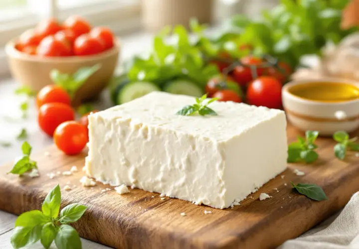 Kostka sera feta na desce z pomidorkami, ogórkiem i bazylią. Czy feta jest zdrowa? Tak, to pyszny i zdrowy dodatek do sałatek.