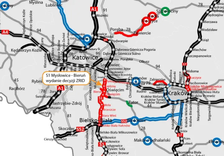 Mapa drogowa z zaznaczoną trasą S1, łączącą Mysłowice z Bieruniem i Oświęcimiem.