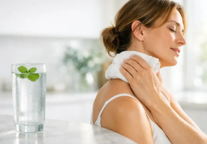 Donna con impacco fresco sul collo, bicchiere d'acqua e menta: rimedi naturali mal di testa.