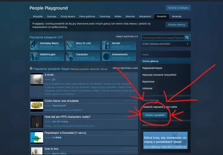 Strona poradników do People Playground. Kliknij "Utwórz poradnik", aby dowiedzieć się, jak napisać do supportu Steam.