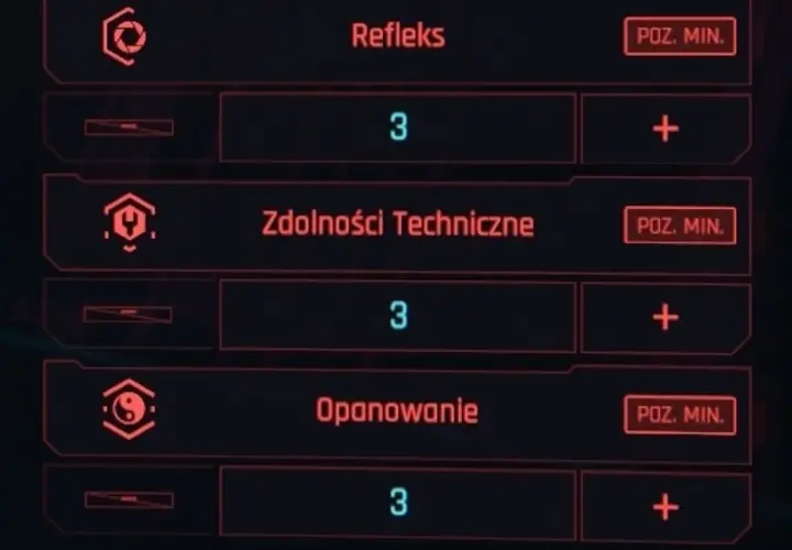 Cyberpunk atrybuty na start: Refleks, Zdolności Techniczne, Opanowanie. Każdy na poziomie 3, gotowy do rozwoju.