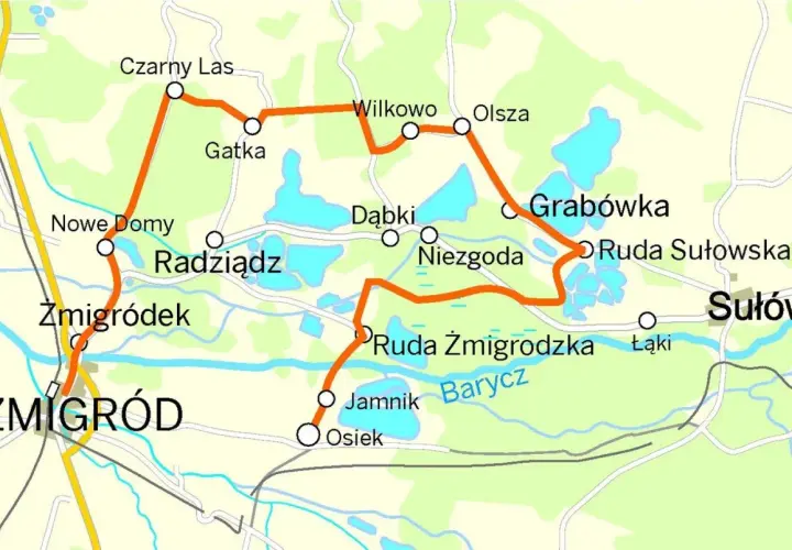 Mapa turystyczna Doliny Baryczy. Trasa rowerowa łączy Zmigród, Czarny Las, Gatkę, Wilkowo, Olszę, Grabówkę, Ruda Sułowska, Sułów, Ruda Żmigrodzka, Jamnik, Osiek, Dąbki, Niegodę, Radziądz, Nowe Domy i Żmigródek.