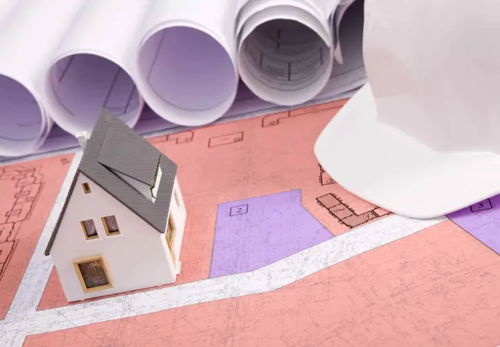 Model domu na planach, biały kask budowlany i zwoje projektów. Planowanie inwestycji, uwzględniające służebność przesyłu.
