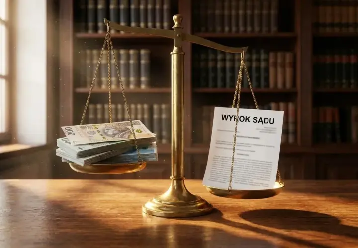 Waga szalkowa z pieniędzmi i dokumentem "Wyrok Sądu". Symbolizuje likwidację stanowiska pracy i odprawę.