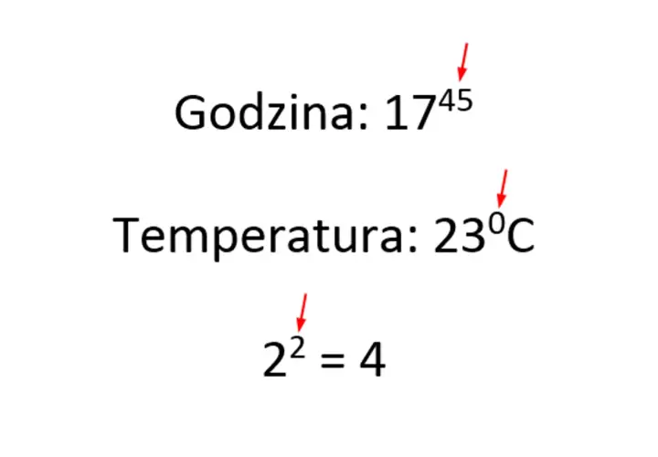 Godzina 17:45, temperatura 23°C, oraz równanie 2²=4. Wszędzie widać **indeks górny**.