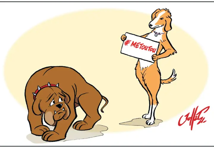 Un chien triste, peut-être en rut, regarde un autre chien tenant une pancarte "#METOUTOU". Une leçon sur comment calmer un chien en rute.