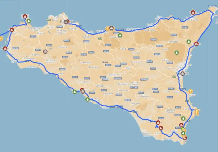 A scenic route around Sicily, showing towns and roads. This map helps answer how long does it take to drive around Sicily, with a blue line marking the journey.