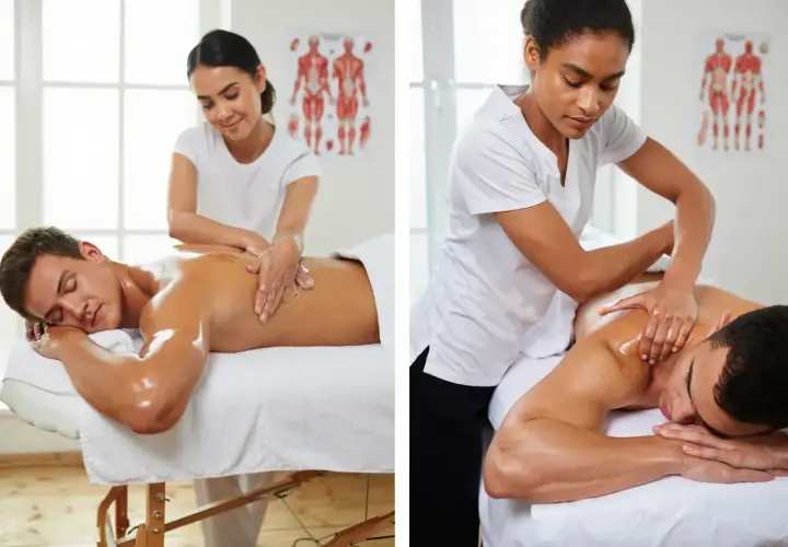 Deux hommes reçoivent un massage thérapeutique. Le massage thérapeutique, c'est une approche manuelle pour soulager les tensions.