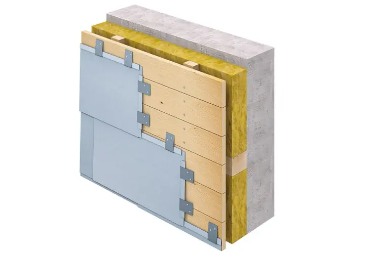 Przekrój ściany wentylowanej: beton, wełna mineralna, drewniana konstrukcja, folia flizelinowa i metalowe panele elewacyjne.