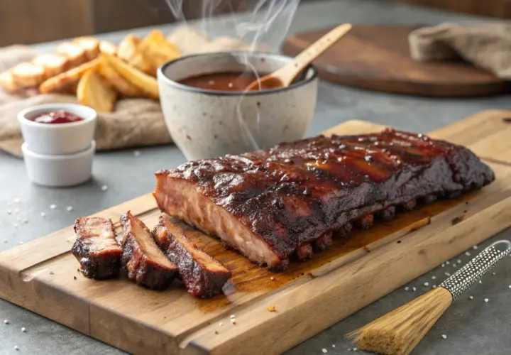 Costine succulente in friggitrice ad aria, glassate e fumanti, servite con patate e salsa barbecue.