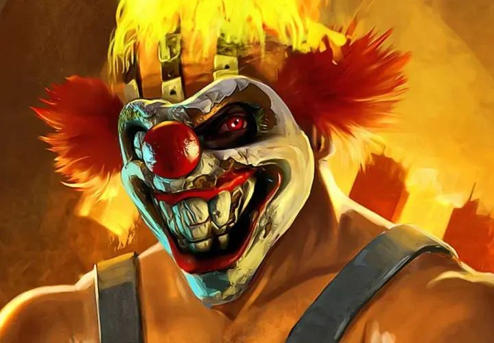 Przerażający klaun z gry Twisted Metal, z płonącymi włosami i złowrogim uśmiechem, na tle płonącego miasta.
