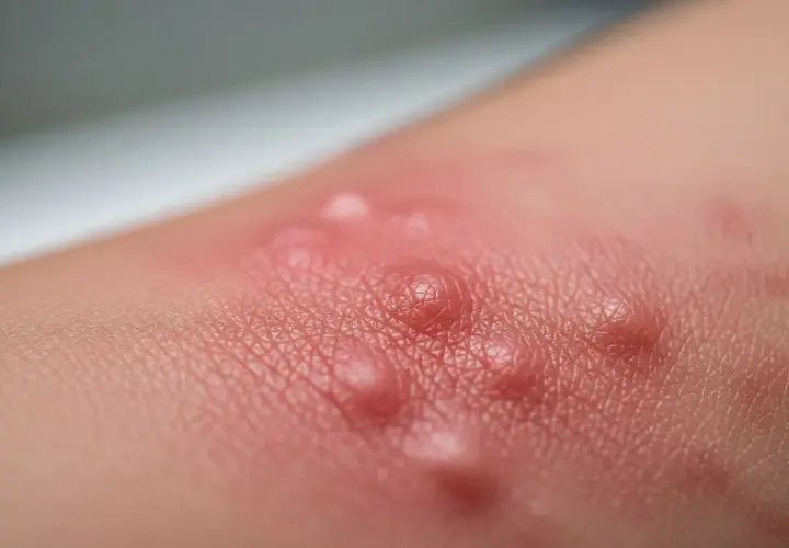 Pelle arrossata con pomfi gonfi, un segno che l'orticaria nei bambini è contagiosa.