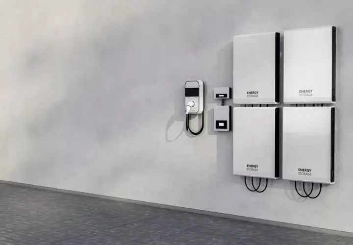 Nowoczesny bank energii 5kW z ładowarką do pojazdów elektrycznych na ścianie.