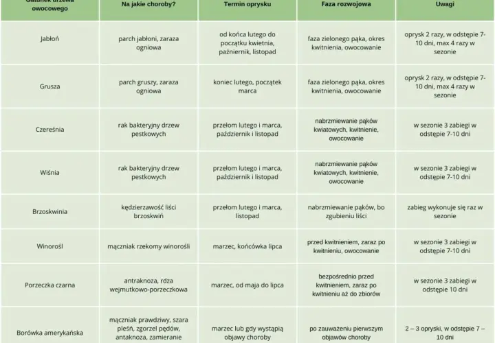 Tabela z terminami oprysków miedzianem na choroby drzew owocowych: jabłoni, gruszy, czereśni, wiśni, brzoskwini, winorośli, porzeczki czarnej i borówki amerykańskiej.