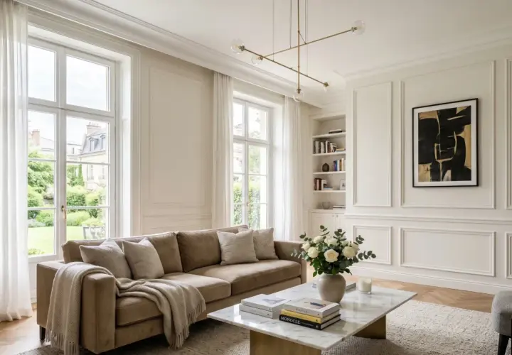 Elegancki salon z sofą, marmurowym stolikiem i bukietem róż. Wnętrze zdobi subtelna sztukateria w salonie, dodająca mu klasy.