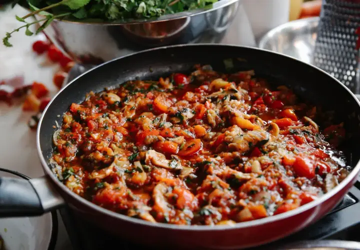 Poêlée de légumes colorée, prête pour une recette ratatouille traditionnelle. Tomates, courgettes et aubergines mijotent.