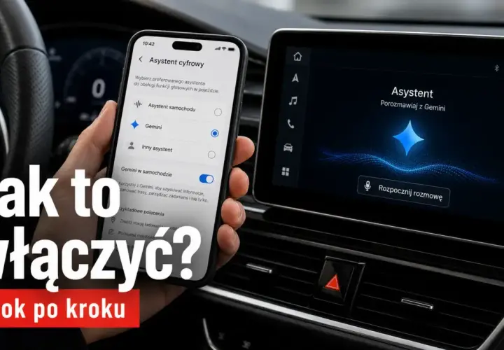 Ręka trzyma telefon z włączonym lusterkiem w telefonie, pokazującym ustawienia asystenta Gemini. Obok ekran samochodu z tym samym asystentem.