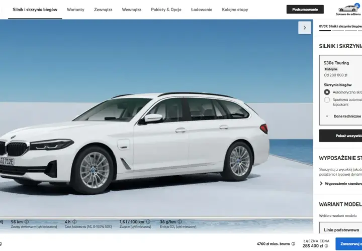 Białe BMW 530e Touring hybrydowe, gotowe do jazdy. Konfiguracja silnika i skrzyni biegów.