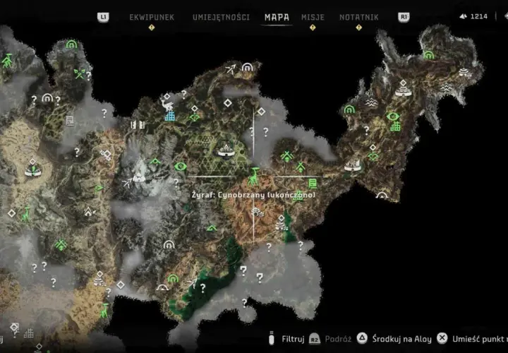 Mapa Horizon Zero Dawn z zaznaczonymi celami, w tym Żyrafem: Cynobrzany (ukończono).