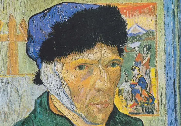 Autoportret z zabandażowanym uchem, Vincent van Gogh. Obraz przedstawia artystę w jego charakterystycznym stylu, z widocznymi pociągnięciami pędzla, odzwierciedlającymi jego emocjonalne cykle.
