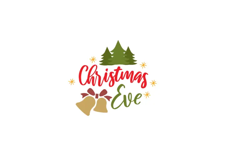 Come si scrive vigilia di Natale: alberi verdi, campane dorate con fiocco rosso e stelle arancioni circondano la scritta "Christmas Eve".