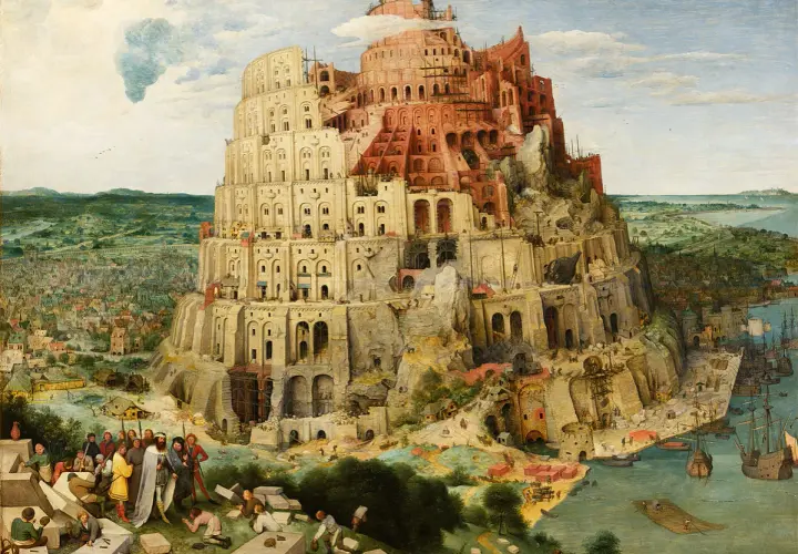 Monumentalna wieża Babel w budowie, z licznymi robotnikami i statkami w tle.