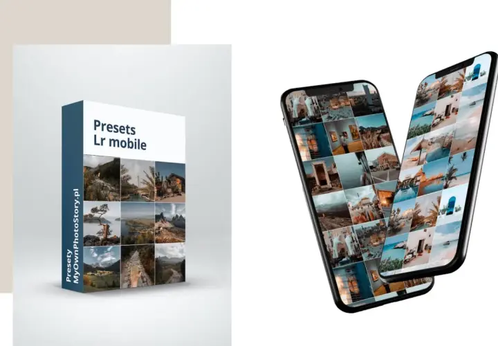Pudełko z napisem "Presets Lr mobile" i dwa telefony z siatkami zdjęć. Dowiedz się, co to presety i jak ulepszyć swoje fotki!