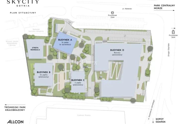 Plan sytuacyjny Skycity Gdynia. Obok Strefy Rekreacji i budynków biurowych, znajdziesz tu atrakcje dla dorosłych, jak park i bliskość morza.