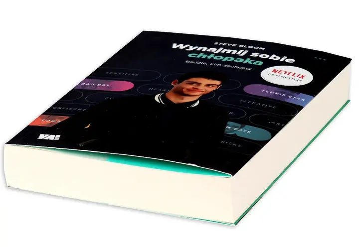 Okładka książki "Wynajmij sobie chłopaka" ze Steve'em Bloomem. Na okładce młody mężczyzna i opcje wyboru: "Bad Boy", "Tennis Star", "Talkative".