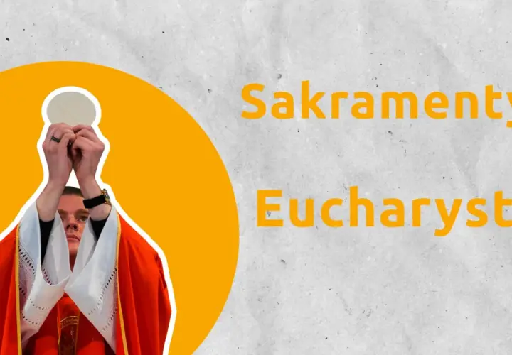 Kapłan w szacie liturgicznej podnosi hostię.