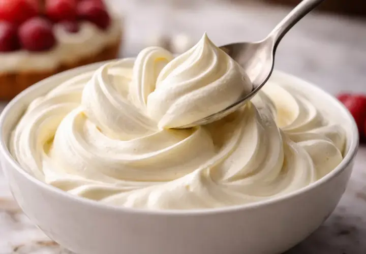 Une cuillère prélève une portion de chantilly mascarpone onctueuse dans un bol blanc. Des fruits rouges sont visibles en arrière-plan.