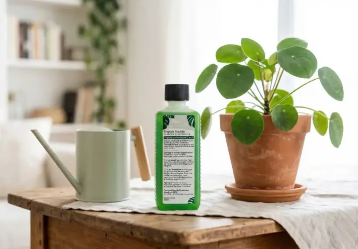 Bouteille d'engrais naturel pour plante verte d'intérieur, à côté d'un arrosoir et d'une plante.