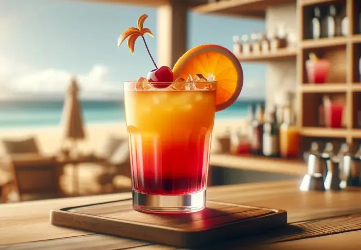 Kolorowy drink na plaży, idealny na letnie wieczory. Słoneczny drink sex, z wisienką i pomarańczą, na tle morza.