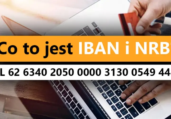 Dłoń trzyma kartę kredytową nad laptopem, obok tekst "Co to jest IBAN i NRB" oraz numer rachunku.