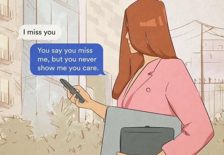 Kobieta w różowym żakiecie trzyma telefon z wiadomością "You say you miss me, but you never show me you care.