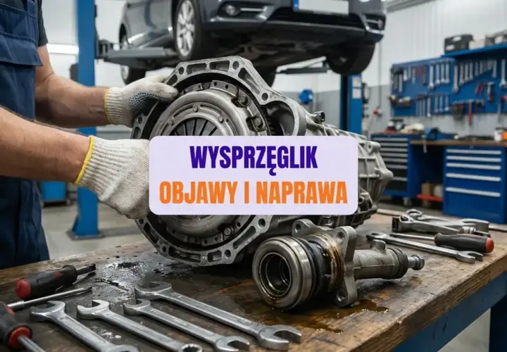 Mechanik trzymający element skrzyni biegów, narzędzia na stole, w tle samochód na podnośniku.