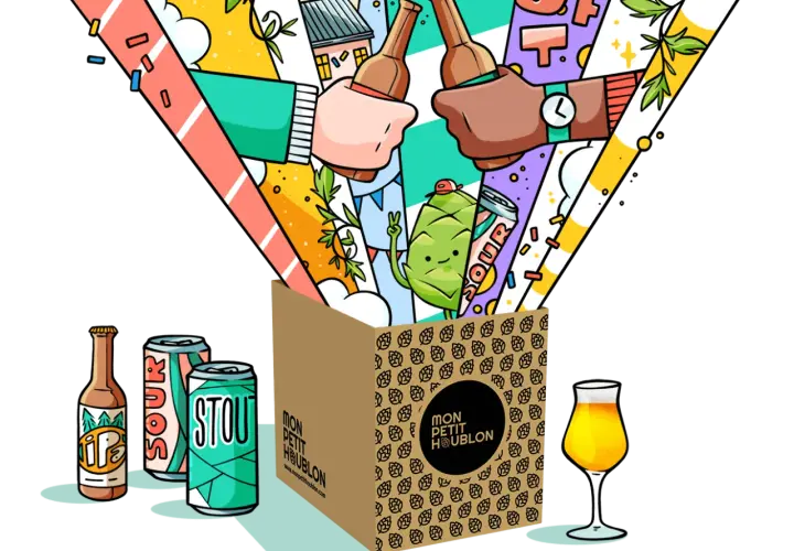 Une boîte déborde de bières festives, dont une IPA, une Sour et une Stout. L'indice amertume bière est présent dans cette joyeuse célébration houblonnée.