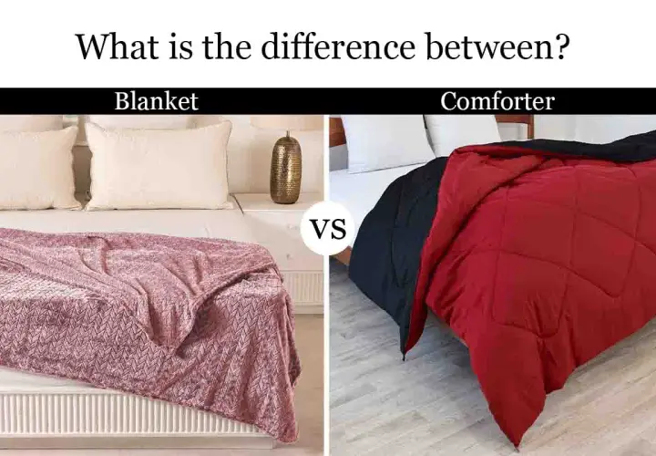 A pink knitted blanket vs. a red and black comforter, illustrating what's the difference between a blanket and a comforter.