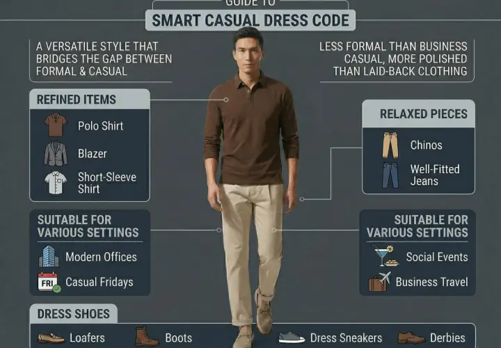 Guía de **smart casual dress code**: hombre con polo marrón y chinos beige. Ideal para oficinas modernas, eventos sociales y viajes de negocios.